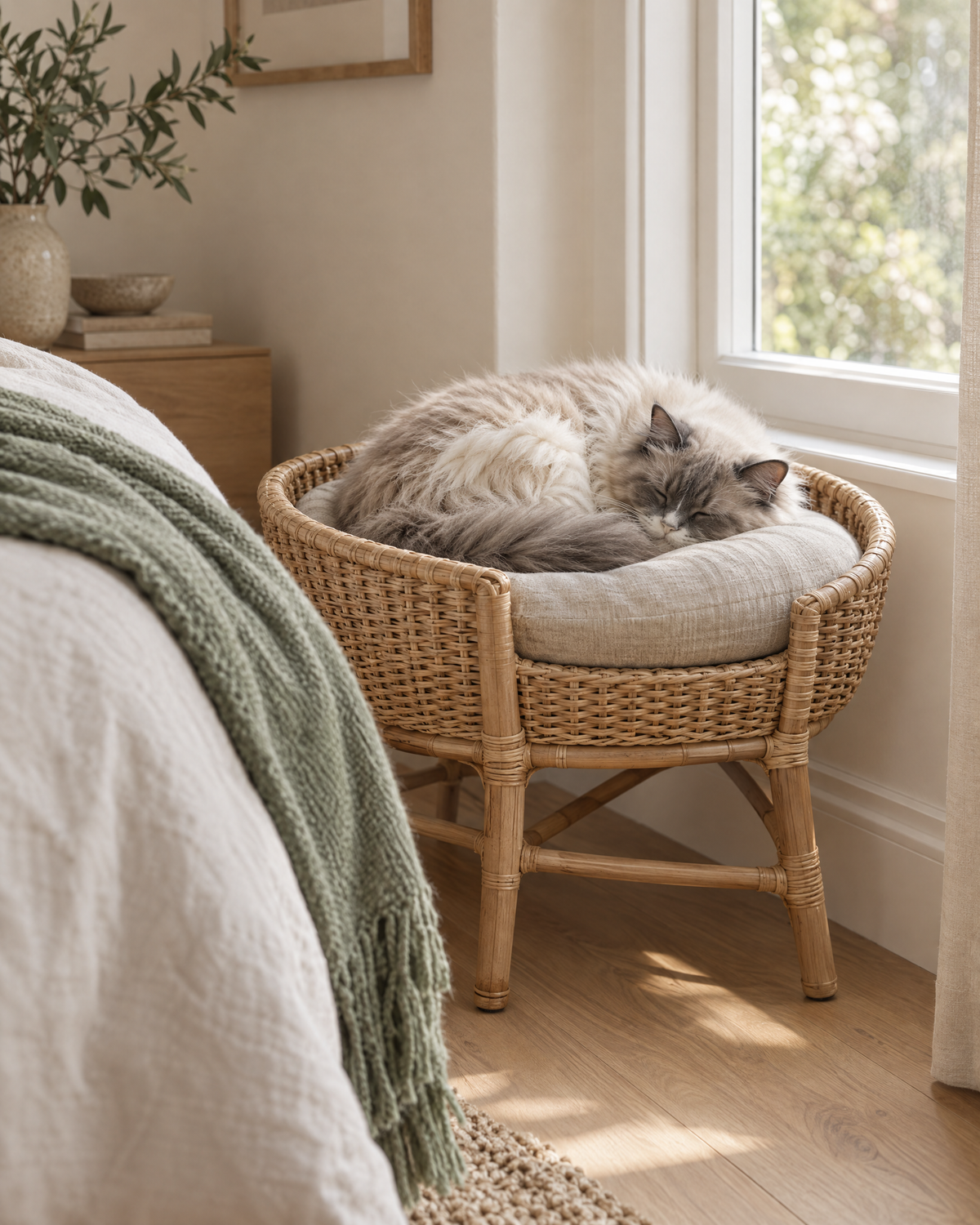 Cat asleep in a woven rattan elevated bed