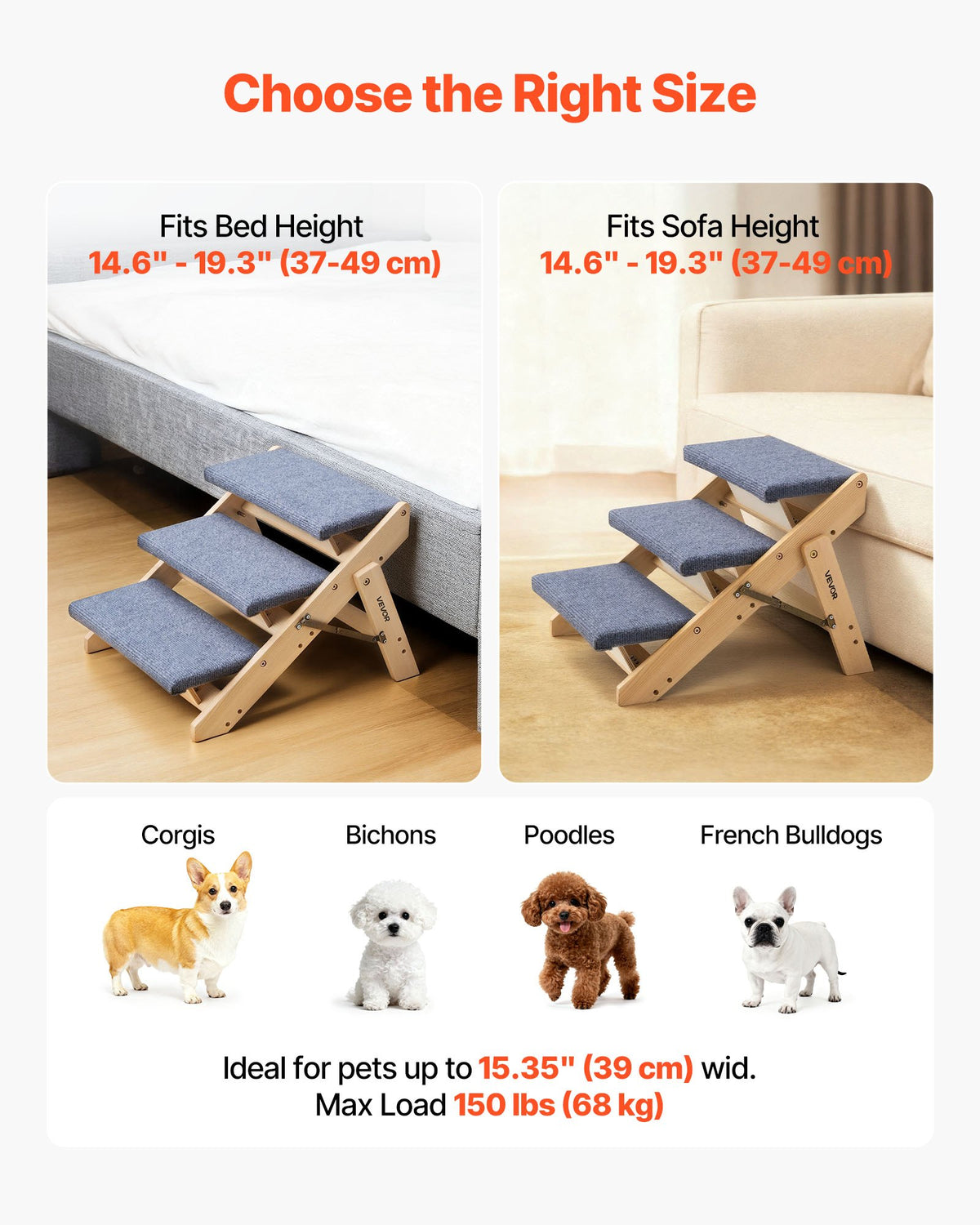 Pet stairs size guide for beds and sofas
