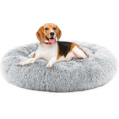 Cloud Calming Donut Bed in Mist Grey with a beagle resting inside