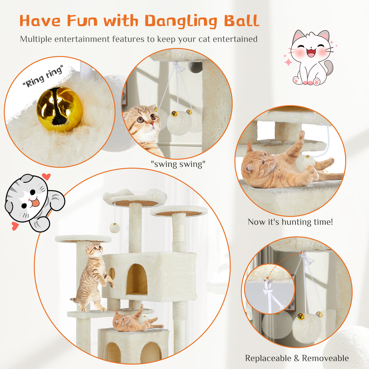 Dangling play ball on the cat tree
