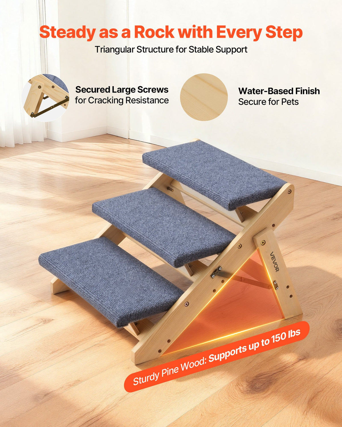 Sturdy triangular pine frame supports up to 150 lb