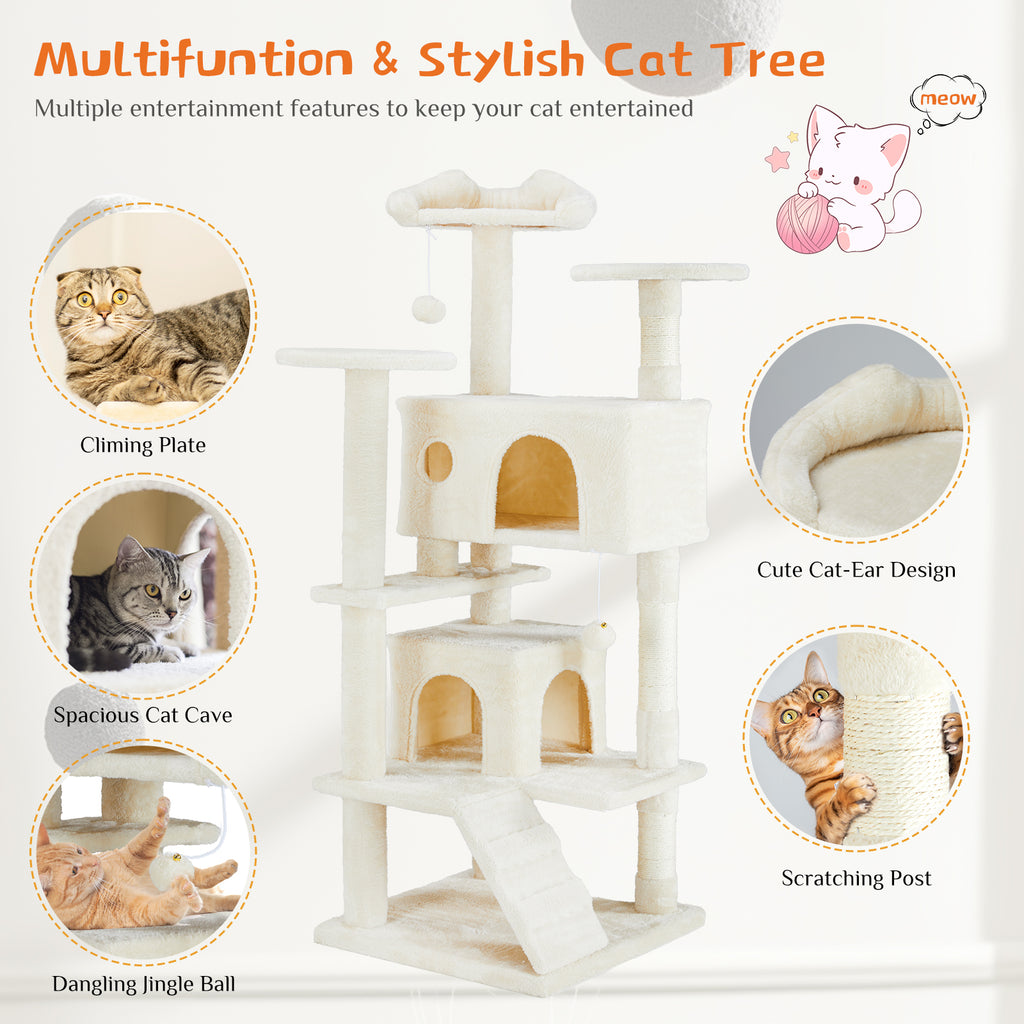 Cat tree features: climbing plate, cat cave, cat-ear design and scratching post