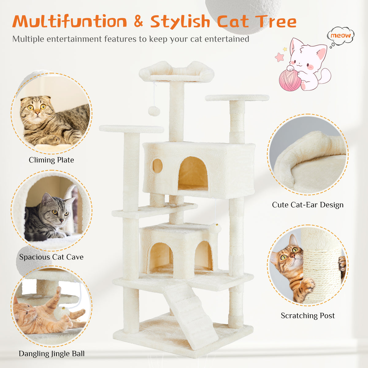 Cat tree features: climbing plate, cat cave, cat-ear design and scratching post