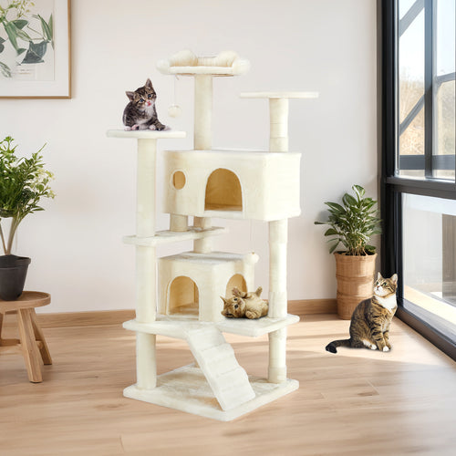 Beige cat tree in a bright living room