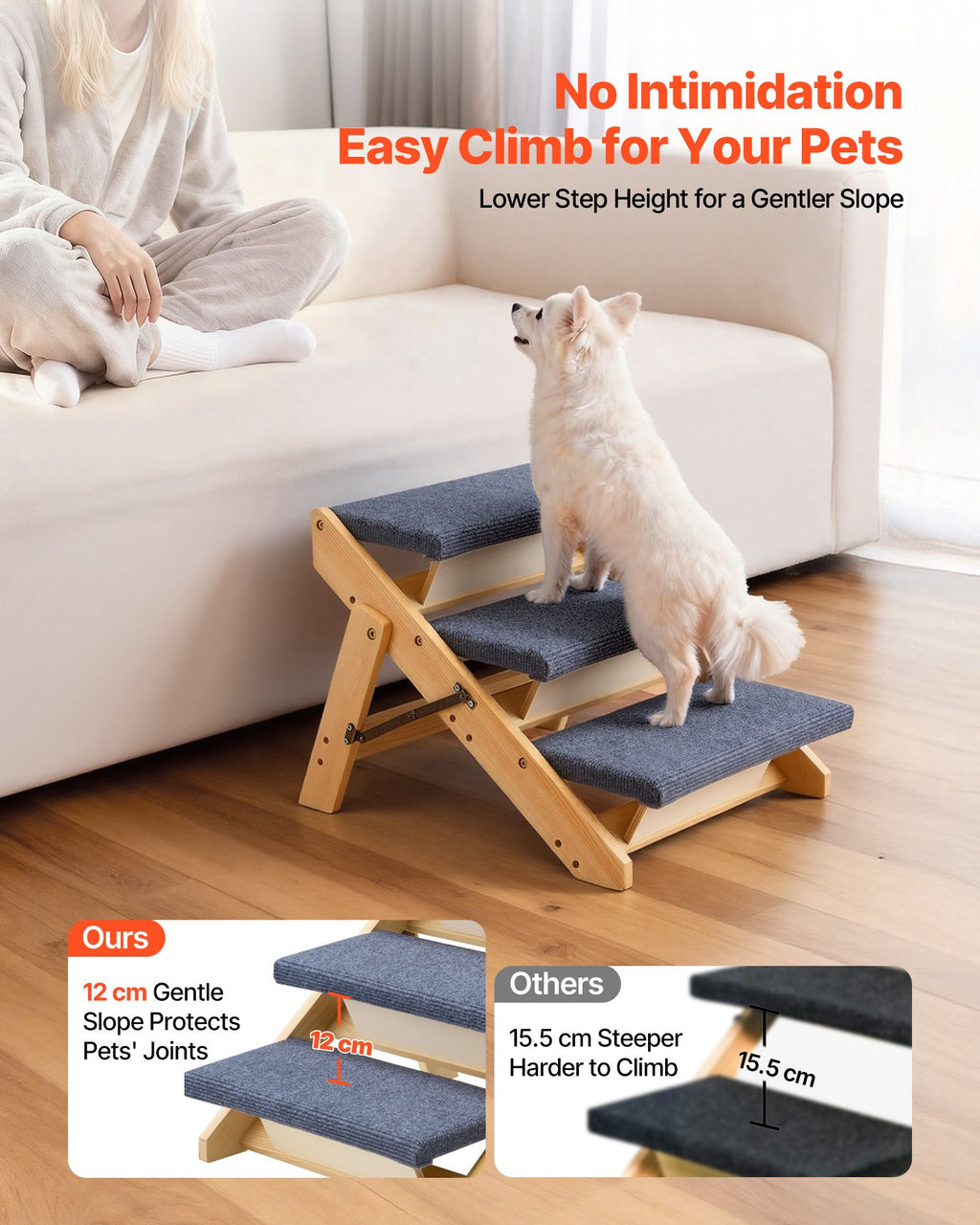 Dog climbing the Pine Step Folding Pet Stairs to a sofa