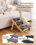 Dog climbing the Pine Step Folding Pet Stairs to a sofa