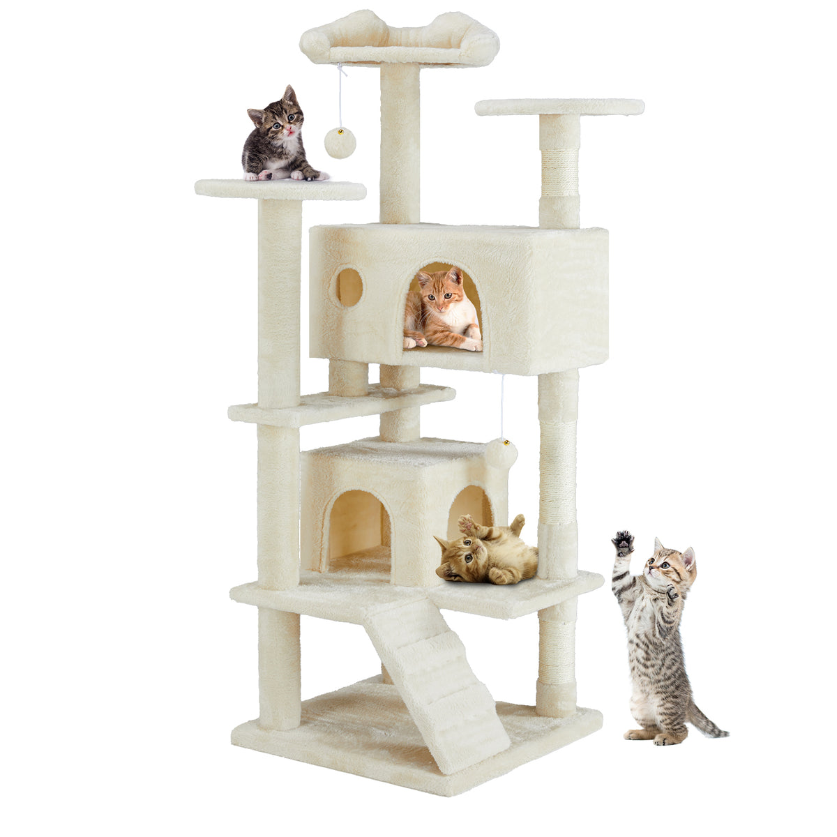 Haven Cat Tree in beige with cats on the perches and condos
