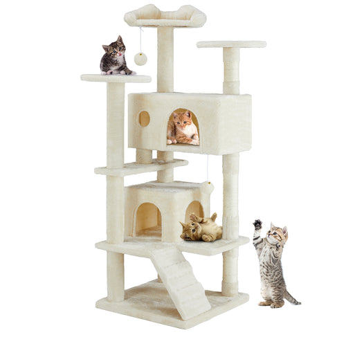 Haven Cat Tree in beige with cats on the perches and condos
