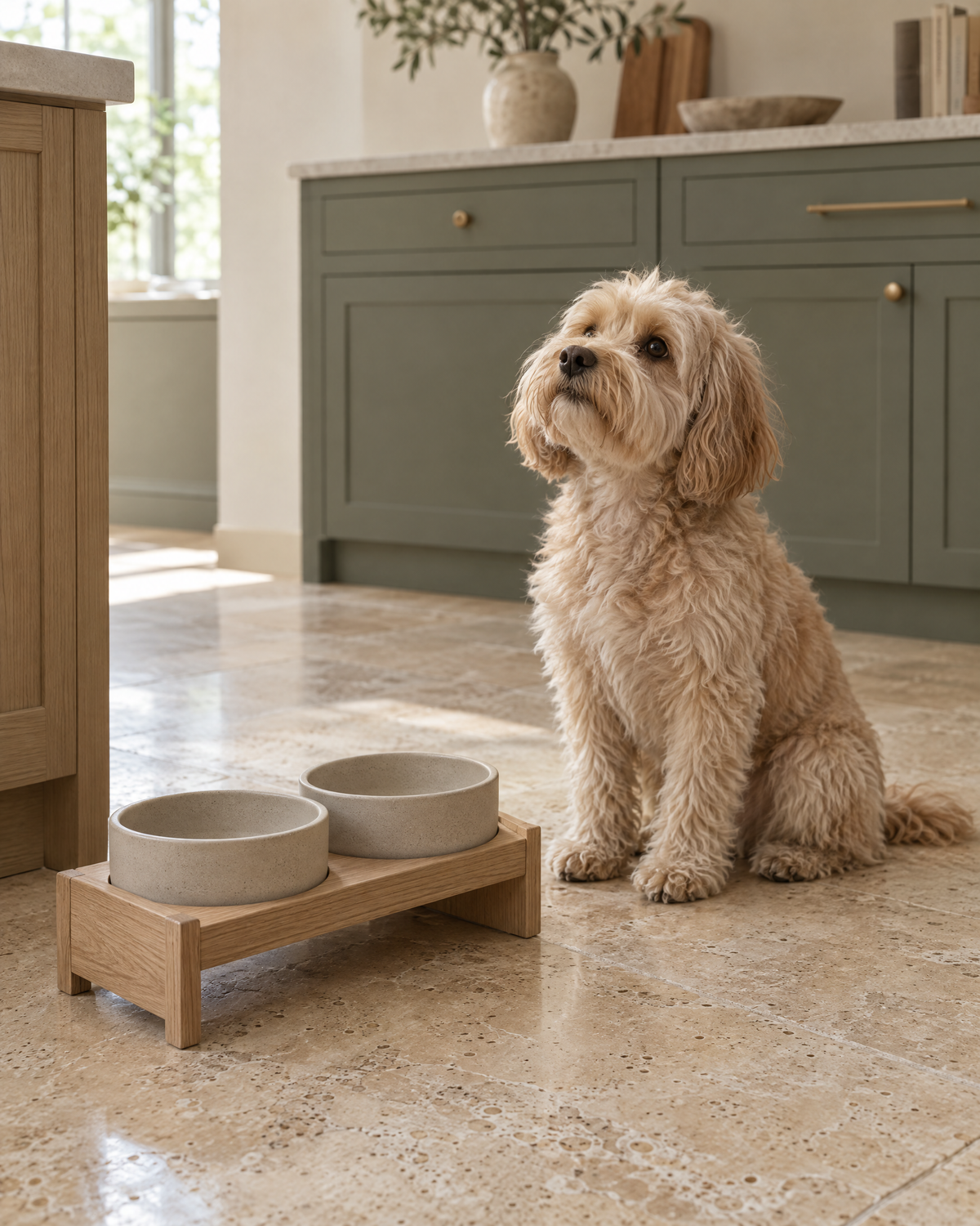 Small dog sitting beside ceramic bowls on an oak stand in a sage kitchen