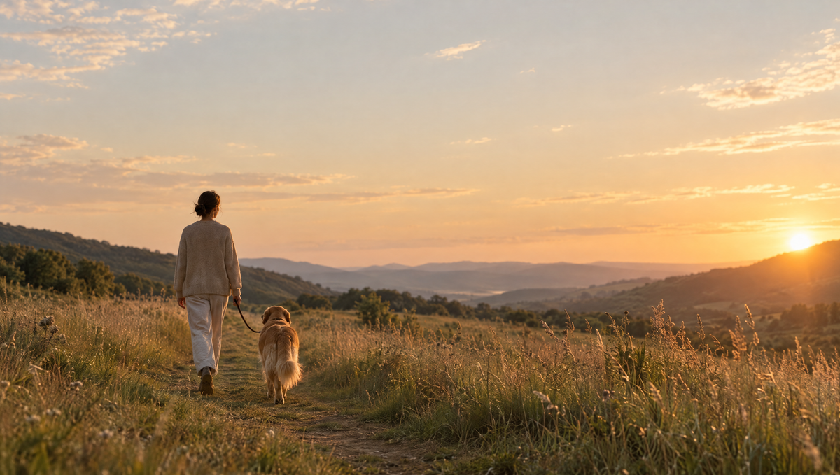 Person and golden dog walking through a meadow at sunset