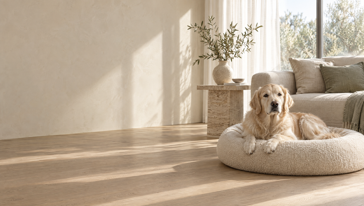 Golden retriever resting on a cream boucle pet bed in a sunlit minimalist living room