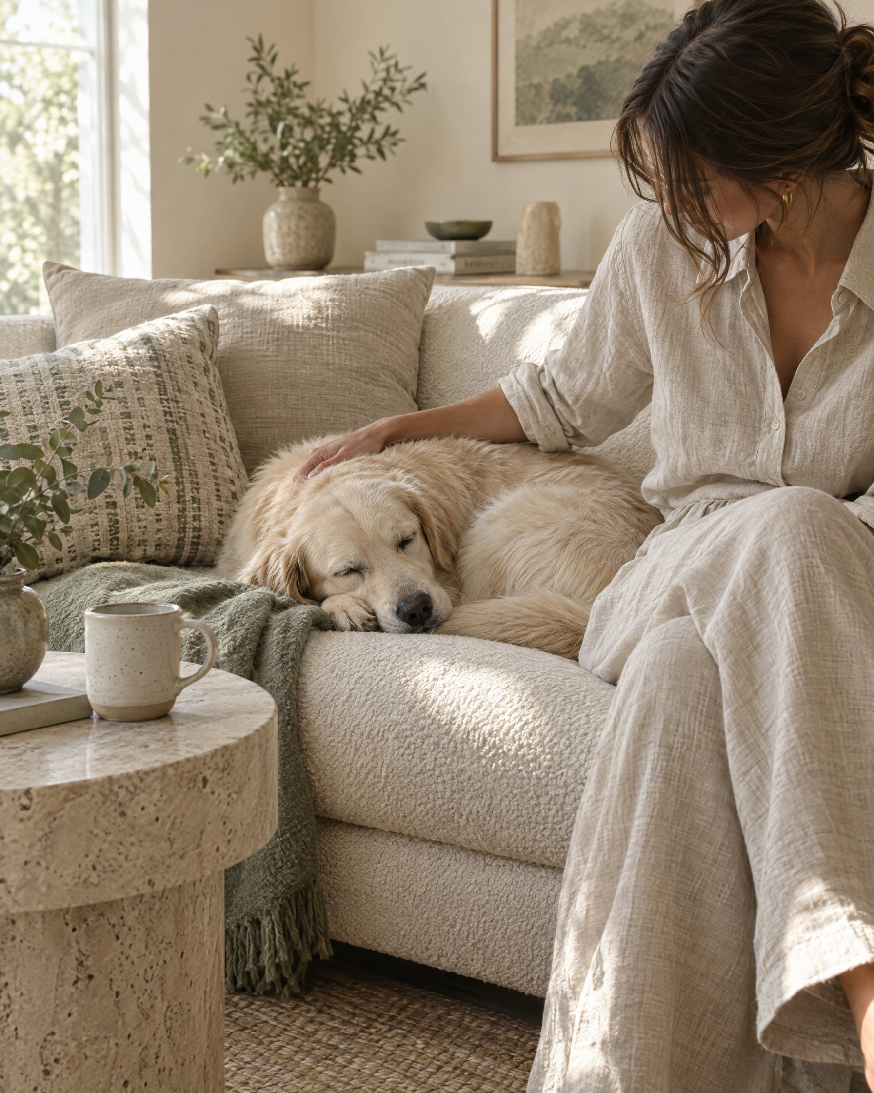 Woman in linen resting her hand on a sleeping golden dog on a boucle sofa