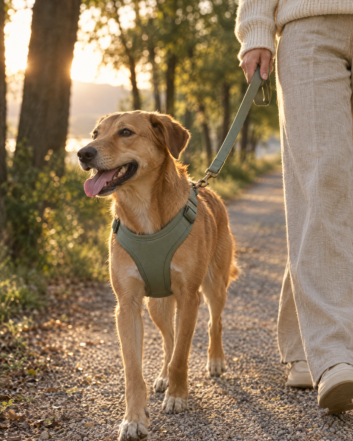 Happy dog in a sage harness and leash on a tree-lined path at golden hour
